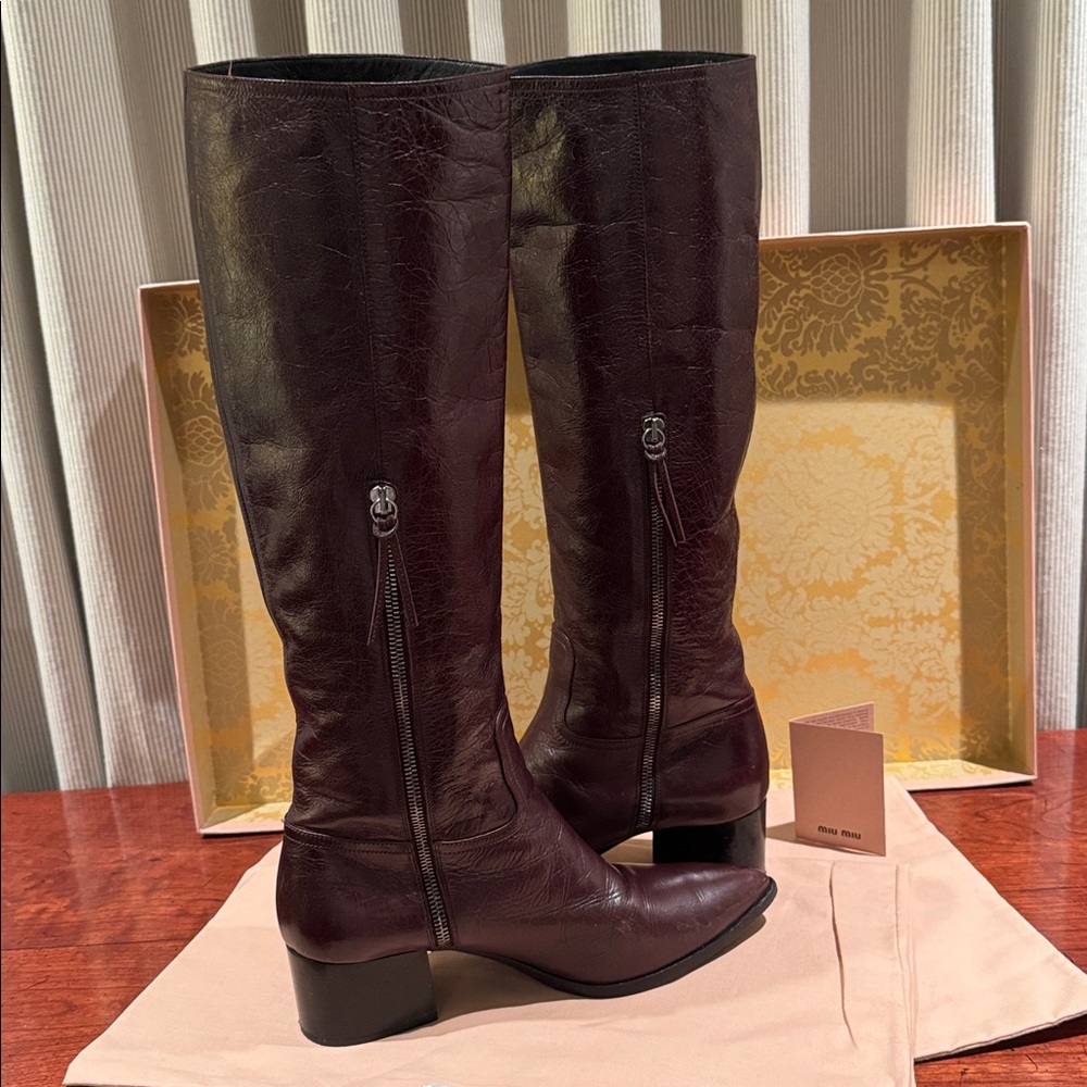 MIU MIU VITELLO SHINE BROWN TALL LEATHER BOOTS SIZE EU 37.5 - Picture 6 of 12